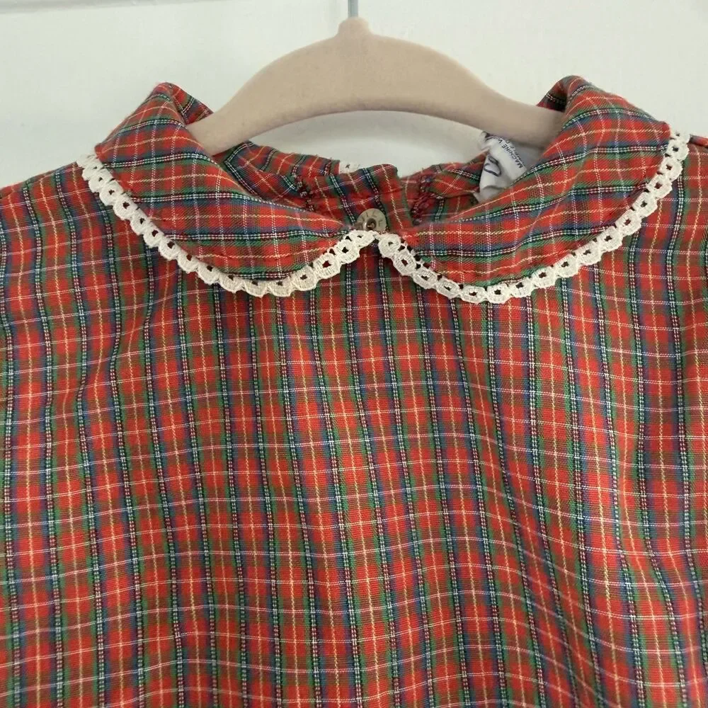 Carter's Vintage Blouse Festive Christmas Red Plaid Lace Peter Pan Collar Sz 18m